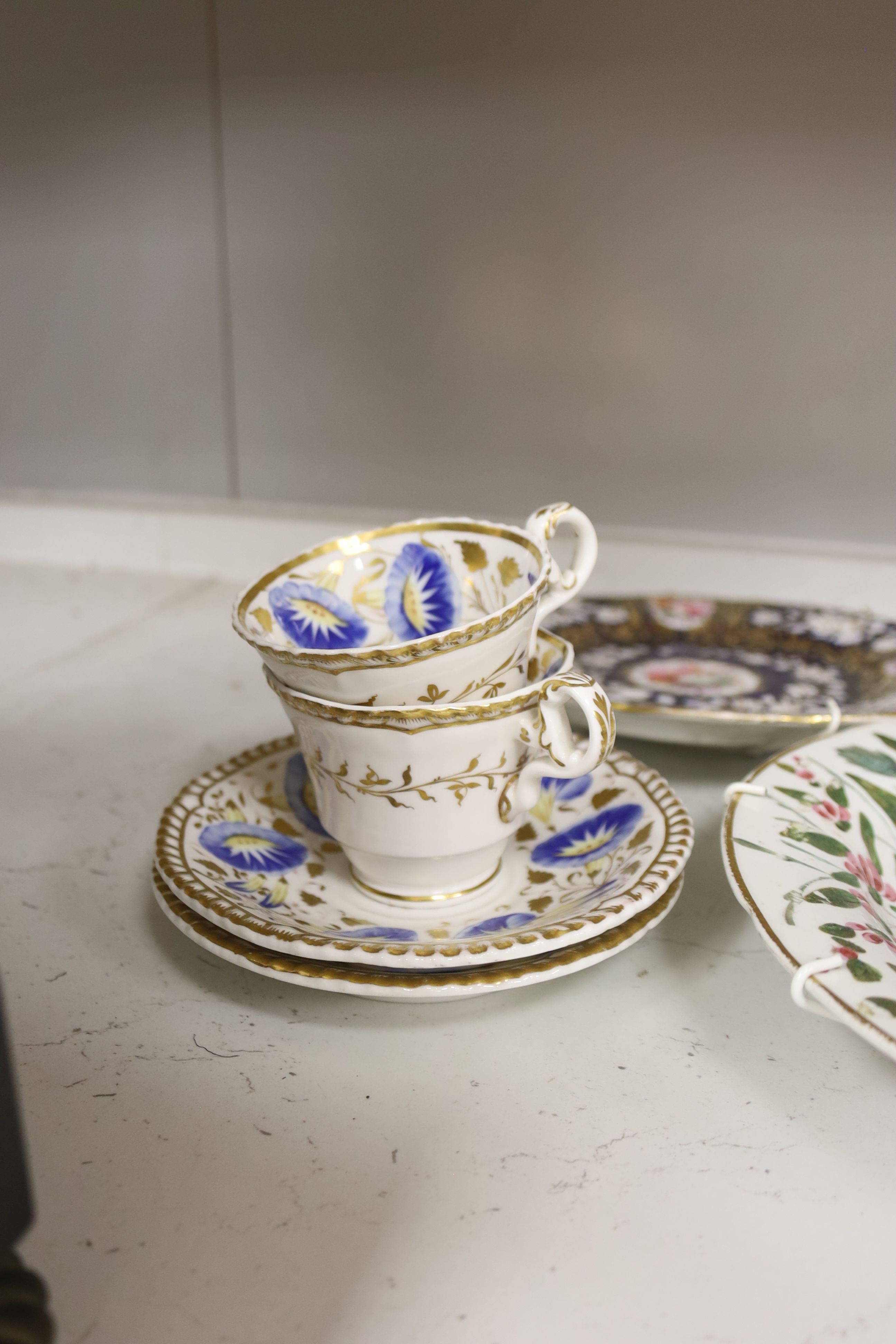The collection of 19th century English and German porcelain plates, two coffee cups and saucers etc.